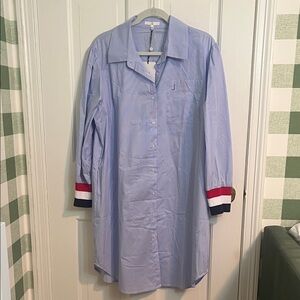 NWT Joh Apparel Blue Stipe Winae Shirtdress with Red White & Blue Cuffs Size L